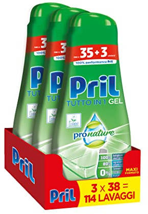 Pril Gel All In One - Desengrasante para lavavajillas, líquido multiacción y suciedad difíciles – 3 paquetes de 38 lavados (114 lavados)