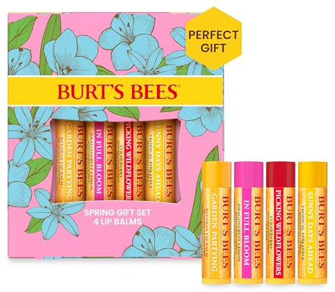 Burt's Bees Lippenbalsam-Geschenkset, Bienenwachs, Erdbeere, Tropische Ananas, Drachenfrucht-Zitrone, In voller Blüte, 4 x 4,25 g