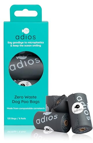 Adios - Compostable Dog Poop Bags, 120 Count (8 Rolls) - Grey Colour - Extra Thick, Leakproof, Odour Proof Dog Waste Bags - Made from Compostable Cornstarch - Easy Tear Rolls