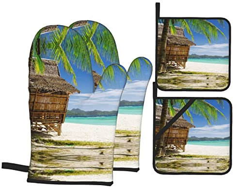 Oven Mitts and Pot Holders Sets of 4 Bamboo Hut On A Tropical Beach Printed Kitchen Heat Resistant Baking BBQ Cooking Gloves