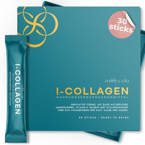 I-COLLAGEN - Integratore Collagene e Acido Ialuronico con Bamboo e Vitamina E per Capelli, Pelle e Articolazioni - Confezione 30 Stick di Collagene Vegano da Bere - MOOLECOLA