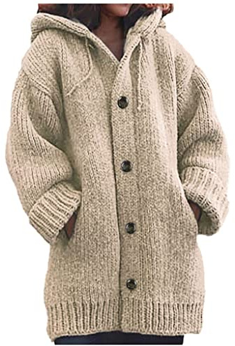 Coatigans for Women UK Long Knitted Cardigan Coats Button Chunky Knit Cardigan Pockets Kimono Solid Color Womens Knitwear Hooded Winter Cardigans for Women UK Warm Long Cardigans Winter Khaki