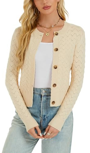 Enjyam Women's Crochet Knit Button Cardigan Long Sleeve Crew Neck Bolero Sweater Tops for Spring Autumn-Soft Beige/L
