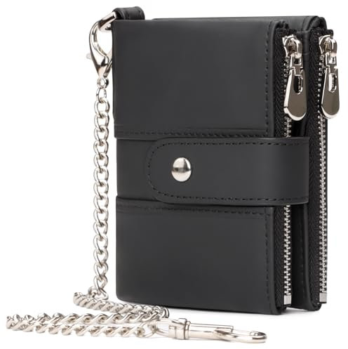 LAREET Herren-Geldbörse mit Kette, echtes Leder, RFID-blockierend, Bifold Geldbörse, Reißverschluss, Münzfach mit Anti-Diebstahl-Kette, Schwarz, Modern