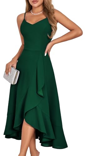 DRESSTELLS Robe de Cocktail Bretelles Haute Profondeur Femme Mariage Longueur au Genou Ourlet à Volants Robe d'été Vert foncé Fourreau Grandes Tailles fête élégante DarkGreen 2XL