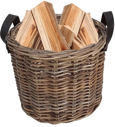 Wicker Log Basket Kindling Bucket with Faux Leather Carrying Handles Fireplace Log Store Wood Basket Firewood Rack (Large)