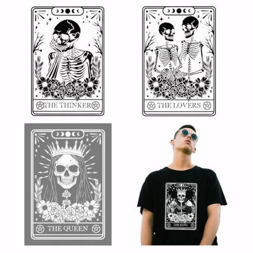 SUPERDANT 4 Pcs Skeleton Tarot Iron on Transfers King Queen Heat Transfer Stickers Skull Iron-on Decals DTF Transfers Ready to Pressfor for T-Shirt Canvas Bags Jackets DIY Crafts