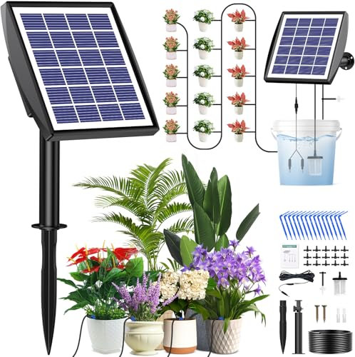 Onherm Solar Bewässerungssystem, Automatische Bewässerungssystem mit Wassermangel Alarm, Mit Timer und 15M Schlauch, für Garten, Balkon Pflanzen, Freien, Gemüse