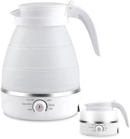 Faltbarer Wasserkocher 600ml Reisewasserkocher Klein Tragbarer Camping Faltbar Wasserkessel 5 Minuten Schnelles Kochen für Camping Reise Wandern Outdoor, Weiß