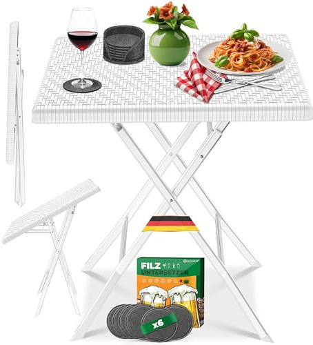 KESSER® Balkontisch klappbar | Wetterfest/UV-beständig Balkonmöbel | Beschichteter Stahl & Rattan-Optik | Outdoor Gartentisch | Gartenmöbel mit 6 Filz-Untersetzer | Bistrotisch bis zu 100 kg belastbar