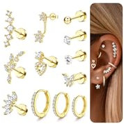 Adramata 12/14Pcs 16G Helix Piercings Chirurgenstahl Ohrringe Piercing Set Flatback Ohrstecker Ohr Piercings Knorpel Ohrringe Damen Helix Ring Gold Silber Conch Tragus Piercing Ohr Einzelner Ohrring
