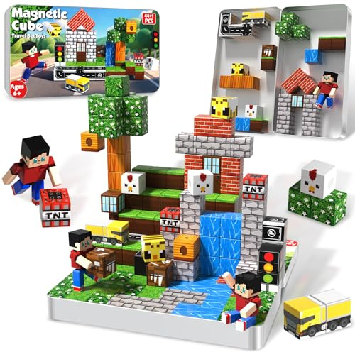 Annexfun Construction Magnétique Enfant 44 Pièces et 1 Personnage dans Boîte Métallique Portable - Chalet et Construction Routière Jeu de Construction Éducatif STEM pour Enfants dès 3+ Ans