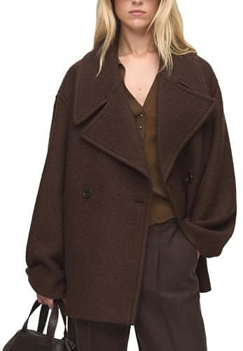 Tomosc Women Double Breasted Short Peacoat Winter Oversized Notched Lapel Cropped Wool Blend Coat Jacket with Pockets (29-Brown-S)
