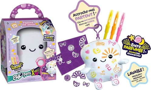 Lansay - Blopens Xtra Mini Squishy à Décorer - Loisir Créatif - Dès 6 Ans | Peluche à Colorier - 3 Feutres à Souffler, Pochoirs Adhésifs et Encre Parfumée - Lavable et Réutilisable - Modèle Aléatoire