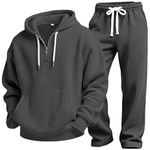Herr Träningsdräkter 2 delat set Stickad Quarter Zip Hoodie och Dragsko i Midjan Byxor Casual Jogger Sweatshirt