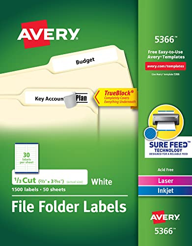 Avery Etiquetas para carpetas de archivos, tecnología TrueBlock, adhesivo permanente, 2/3 x 3-7/16 pulgadas, caja de 1500, paquete de 5 (5366)