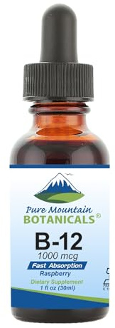 Pure Mountain Botanicals B12 1000 mcg - B12 Complex - Natural Berry Flavor - 30 Servings - Liquid Drops Vitamin - Kosher Supplement