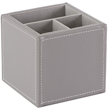 Osco Faux Leather Pen Pot, 3-Section Square Desk Tidy & Pencil Holder, Office Organiser & Makeup Brush Storage, Wipe-Clean Leather Finish, 10×10×10 cm, Grey