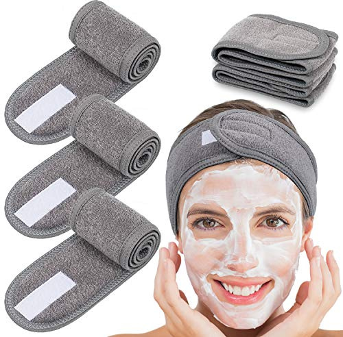 Whaline Spa Facial Headband Head Wrap Terry Cloth Headband 4 Counts Stretch Towel for Bath, Makeup and Sport (Gray)