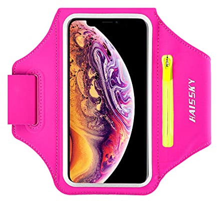 Löpararmband med Hörlurar Blixtlåsficka, för iPhone 11/11 Pro/11 Pro Max/X/XR/XS/8/7, Galaxy A50s/S20/S10/S9/S8, upp till 6,9 tum, Touch ID, Svettsäkert Sporttelefonarmband (Små – Stora Armar)