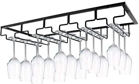 MOCOUM Wine Glasses Rack Under Cabinet Stemware Rack, Glass Hanger Rack Wire Glass Holder Storage Hanger for Cabinet Kitchen Bar (Black, 5 Rows 1 Pack)