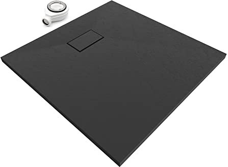 Moments of Glass Plato de ducha SMC Boreal 90x90 cm, Negro RAL 7021 – Antiderrapante, Textura Pizarra, Antibacteriano, Resistente a agentes químicos – Incluye válvula y rejilla