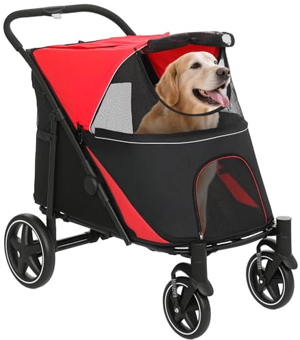 PawHut Cochecito para Perros Plegable Carrito para Mascotas con Ventanas de Malla Carga 30 kg Correas de Seguridad Bolsillos de Almacenamiento 112x65x100 cm Rojo