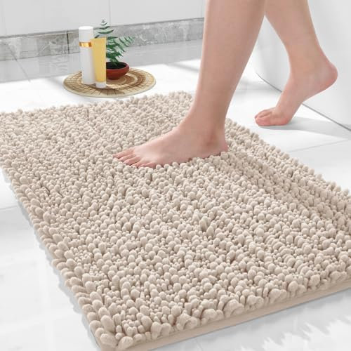 Yimobra Chenille Badematte rutschfest - Weicher Badvorleger Maschinenwaschbar - Mikrofaser Absorbent Badteppich, für Dusche und Badezimmer, 92 x 61 cm, Beige