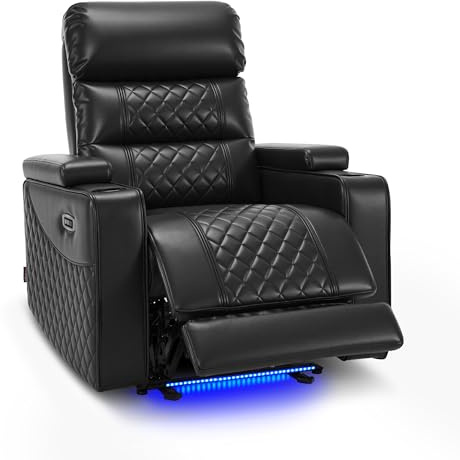 MCombo Power Recliner Chair for Adults, Home Theater Seating with Power Headrest, FSC Certified, USB & Type C Ports, Armrest Storage & LED Light HTS432 (Black, Single Recliner)