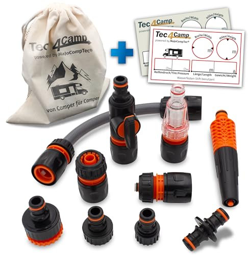 MaJoCompTec® CONNECT-30 Juego de filtros de agua para autocaravanas, boquilla de llenado de agua para caravana, accesorios para tapa de depósito, conector de manguera compatible con Gardena (juego de