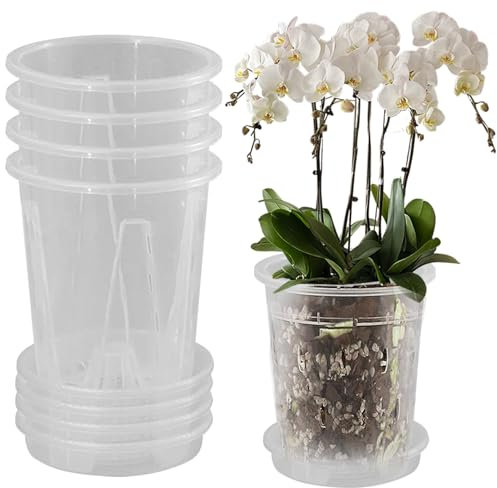 Orchidtopf mit Untertassen 5 Sätze 4,7 Zoll belüftetes Orchideen-Pflanzer Transparenter Orchideentopf mit Entwässerungslöchern PP-Geruchsfreie klare Töpfe für Pflanzen, kleine Orchideentöpfe mit Löch