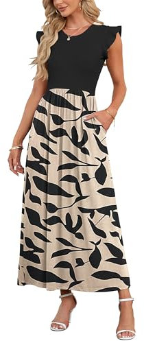 AUSELILY Damen Rüschen Kurzarm Plissee Lässige Blumen Maxikleider mit Taschen Rundhalsausschnitt Freizeit Strandkleid Large (Aprikosenschwarz Blätter)