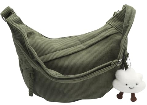 HENGBIRD Sac demi-lune pour femme, Vert sac banane femme velours côtelé, Grand sac à bandoulière pour femme, sac velours cotelé femme