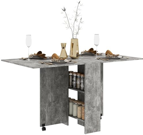 HOMCOM Mesa Plegable de Comedor Mesa de Cocina Plegable con Ruedas Alas Abatibles y Estantes para 4-6 Personas 75x140x74 cm Gris Cemento