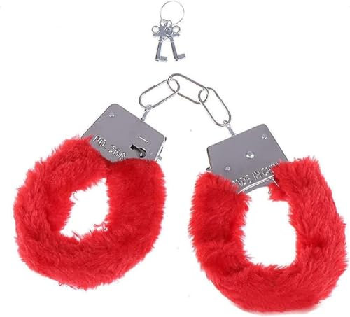 Z1 Red Plush Metal Handcuffs Police Safety Costume Accessory for Women, Nurse, Doctor