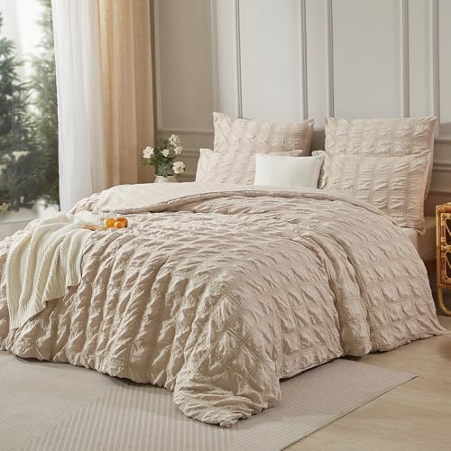 Luofanfei Beige Seersucker Bettwäsche 135x200 Sommer Kühlende Gestreiftes Karierte Uni Muster Sommerbettwäsche Atmungsaktiv Leicht Bettbezug Einzelbett und Kissenbezug 80x80 cm
