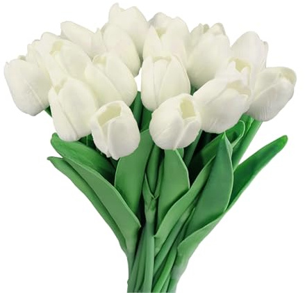 GIUSOBG Flores de tulipán Artificiales 15Pzs Tulipanes Artificiales en látex 34cm Flores Ramos de Tulipanes realistas para Ramos de Boda, Hotel (Blanco)