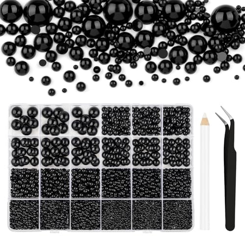 Bouiexye 13000 perlas negras con parte trasera plana de 2/3/4/5/6/8/10 mm, perlas semicirculares para bricolaje, manualidades, uñas, zapatos, fundas para teléfono móvil, etc