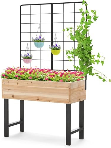 HOMASIS Jardinière Surélevée avec Treillis sur Pied,Lit de Jardin avec Drainage,Bac à Plantes en Bois pour Plante Grimpante Légume Fruit,Parterre de Fleurs d'Extérieur pour Terrasse Patio Balcon