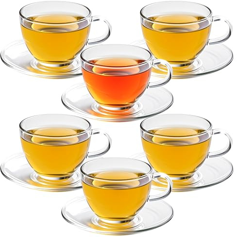 PYVYLO 7oz Glass Tea Cups and Saucers,6 Pack Clear Teacup and Saucer Set,Glass Tea Cups with Handles for Cappuccino,Tea,Juice