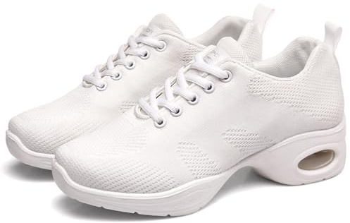 Hiuzylqx Dam Jazzdansskor Snörning Mesh Danssneakers Casual Luftkudde Platå Promenadskor Latin Ballroom Skor,White,41 EU