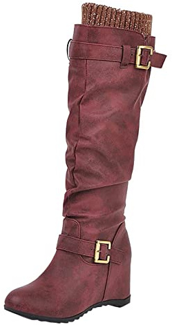 Generisch Chaussures à fond plat pour femme - Hauteur intérieure - Hiver - Boucle de ceinture - British Slope Heel - Bottes moyennes décontractées, rouge, 38 EU