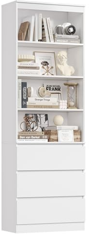 FirFurd 202 cm Libreria, Libreria Verticale con 4 Scomparti Aperti, Scaffale Salvaspazio a 3 Cassetti, Ripiani Regolabile, Librerie in Legno, per Studio, Ufficio, Soggiorno, 60x35x202 cm (Bianco)