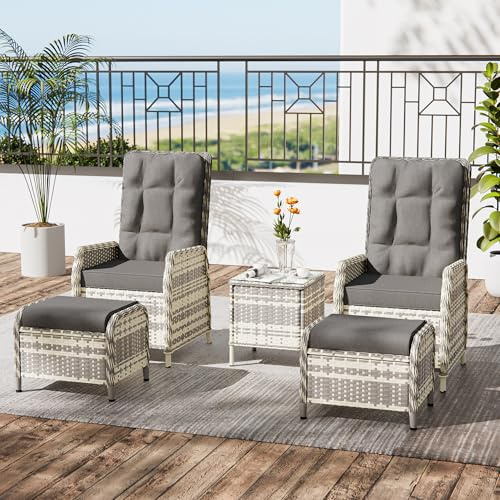 ALAULM 5-Piece Rattan Patio Conversation Set with 2 Adjustable Reclining Sofas, 2 Ottomans & 1 Coffee Table, Weather-Resistant Garden Furniture Set for Outdoor, Balcony, Garden (GREY, 5PC)