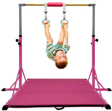 HomeSun Barre de Gymnastique Enfant|Structure Triangulaire & Pieds Étendus| Hauteur Réglable de 100CM à 145CM| avec Anneaux de Gymnastique et Coussin Confort pour Roulades| Fitness Intérieur