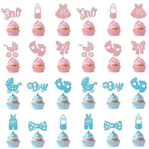 RIIRCSGE 24 Piezas Adornos para Cupcakes para Niños o Niñas, Decoración de Pasteles para Fiesta de Revelación de Género, Baby Boy or Girl, Decoración para Baby Shower y Bautizo