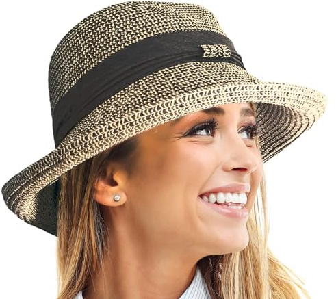 TOSKATOK Ladies Womens Adjustable Summer Sun Hat Fashion Foldable Roll Brim Trilby Bowler Black/Beige- Size 7-7 1/4