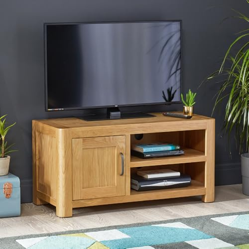 Soho Oak Small TV Unit – Modern Curved Design for TVs up to 50, Natural Light Oak Finish, Softly Rounded Corners, No Assembly Required - H 500mm x W 1000mm x D 450mm
