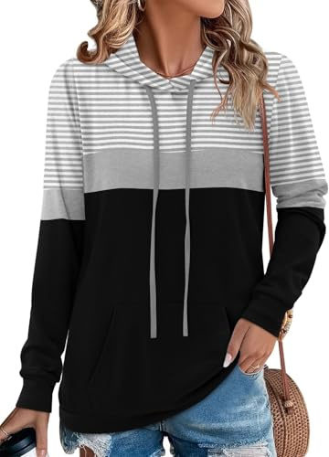 Angerella Striped Hoodies for Women Long Sleeve Color Block Tops Pullover Hooded Tunic Shirt with Pocket White Grey XL