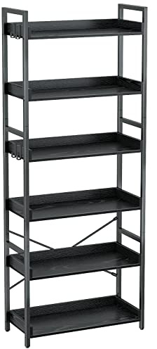 Rolanstar Bookshelf 6 Tier with 4 Hooks, Industrial Wood Bookcase, Vintage Storage Rack with Open Shelves, Rustic Standing Bookshelves Metal Frame Display Rack for Living Room, Bedroom, Black